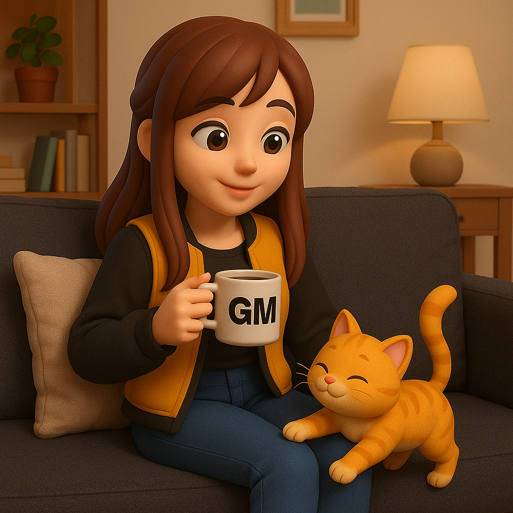 Asuna with coffee and a cat