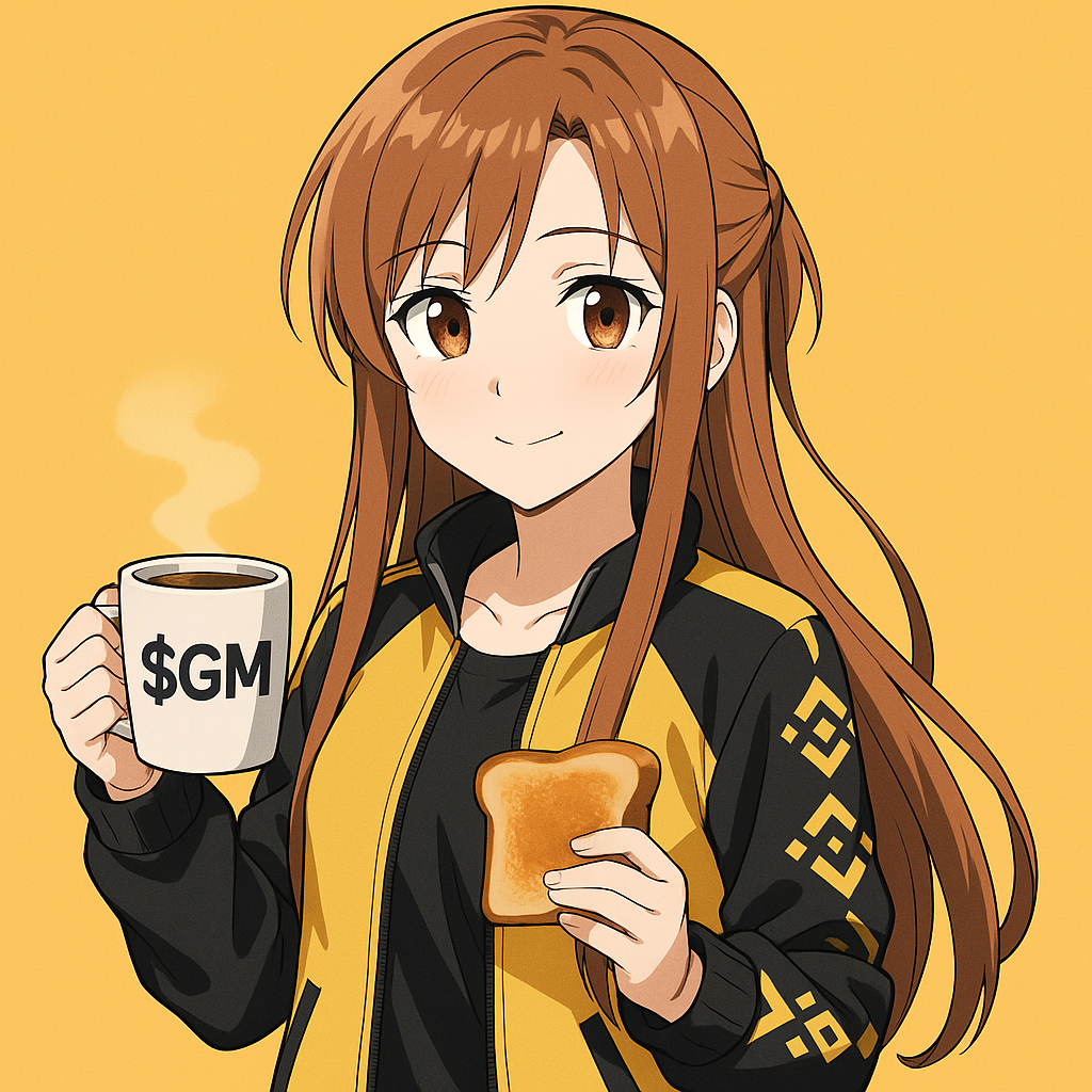 Asuna holding a $GM coffee mug